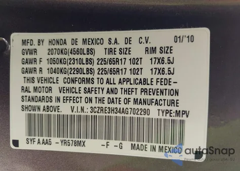 2010 Honda Cr-V Lx z USA, uszkodzony, nr VIN 3CZRE3H34AG702290